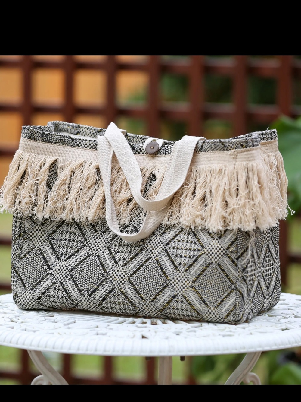 226212 Black | Sacred Threads Black Fringe Boho Tote Bag (Cotton Woven) | One Sz